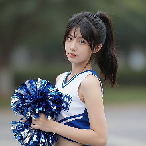 Photograph of an Asian female cheerleader with black hair in a ponytail, holding blue and white pom-poms, wearing a matching uniform, standing