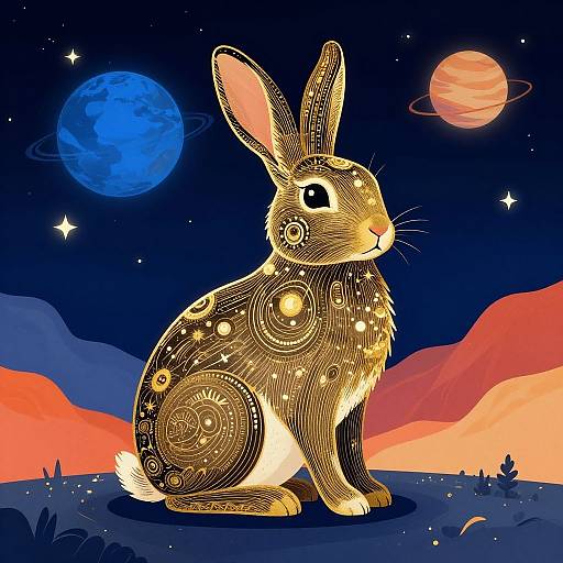 Digital illustration of a stylized rabbit with celestial patterns, sitting under a night sky with two moons and stars, surrounded by pink and blue hills.