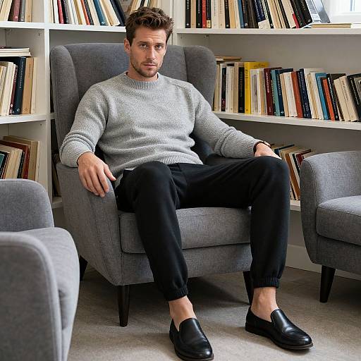 Photograph of a handsome, bearded man with short brown hair, wearing a gray sweater, black pants, and black loafers, sitting in a