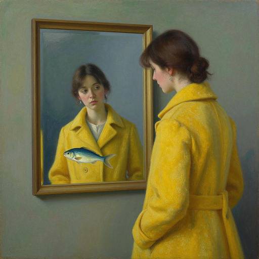 Realistic painting of a woman in a yellow coat, standing before a mirror, reflecting a blue fish in her image.