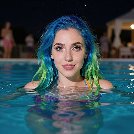 Photograph of a woman with vibrant blue and green hair, smiling in a pool at night, wearing a yellow bikini top.
