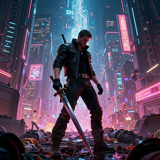 Cyberpunk Lone Warrior in Neon City