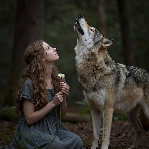 Photograph of a curly-haired woman in a gray dress holding a daisy, kneeling in a forest, gazing at a howling wolf.