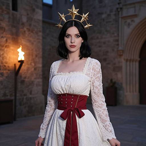 Photorealistic digital artwork of a pale-skinned woman with black hair, wearing a white lace dress with maroon corset, golden star crown,