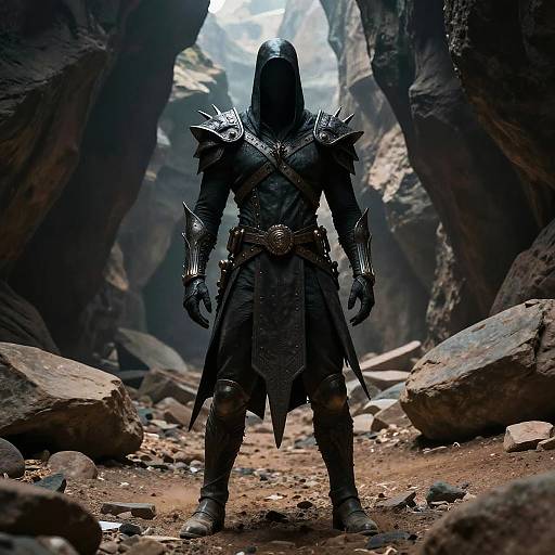 Mysterious armored figure with helmet stands in rocky, cave-like terrain, illuminated by distant light, wearing spiked shoulder plates and dark cloak. Photorealistic