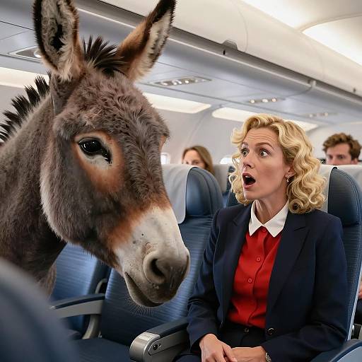 Surprised Woman Encountering Donkey in Plane
