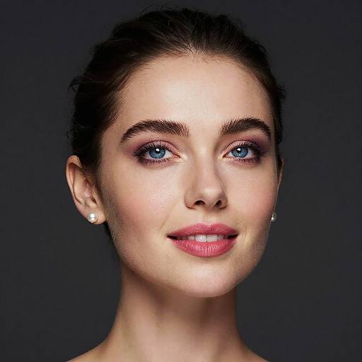 Photograph of a fair-skinned woman with blue eyes, dark brown hair, red lipstick, subtle makeup, and pearl earrings, against a dark background