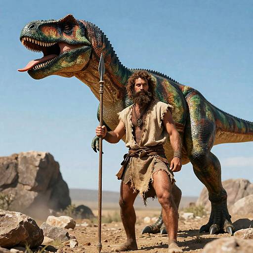 Brave Man and Dinosaur in Nature