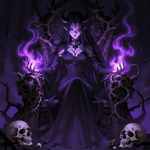 Digital fantasy artwork of a dark purple-skinned, horned demon queen with glowing purple eyes, surrounded by black thorns, skulls, and purple flames