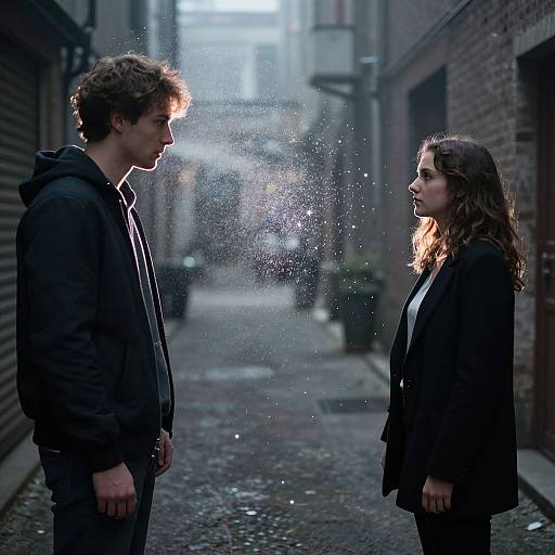 Photograph of a young couple standing in a misty, cobblestone alley at dusk, gazing at each other with sparkling water droplets between