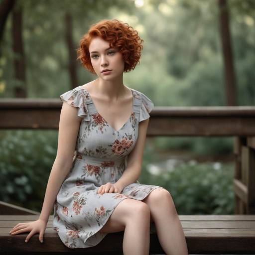 Young Woman in Floral Sundress Sitting on Wooden Bridge