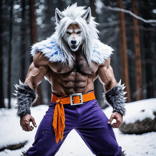 Muscular Werewolf Cosplay with White and Blue Fur