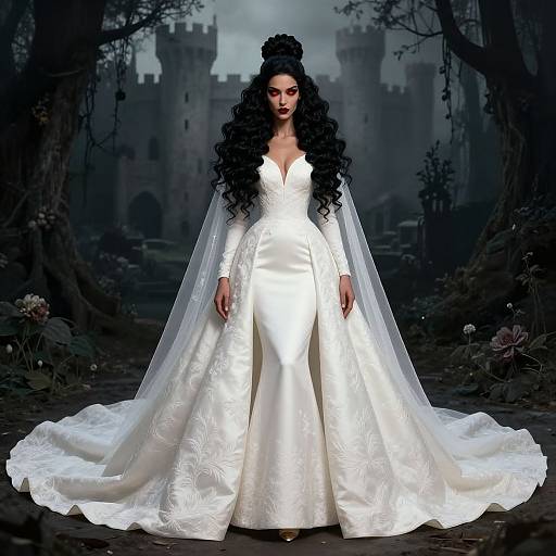 Photograph of a dark-haired woman in a white, long-sleeved, V-neck wedding gown with a veiled train, standing in a dark