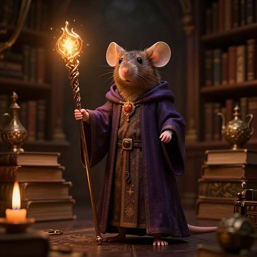 Photorealistic CGI of a mouse in a dark purple wizard robe, holding a flaming staff, standing in a dimly lit, book-filled library.