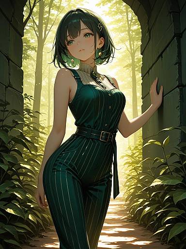 Anime Woman in Forest Green Pinstripe Jumpsuit