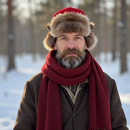 Photograph of a bearded man with a fur-lined red hat and matching red scarf, wearing a brown coat, standing in a snowy forest.
