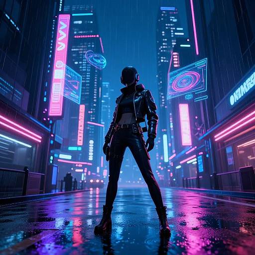 Cyberpunk cityscape at night: silhouetted female figure in leather jacket and pants, neon lights, rain-soaked street, vibrant blue