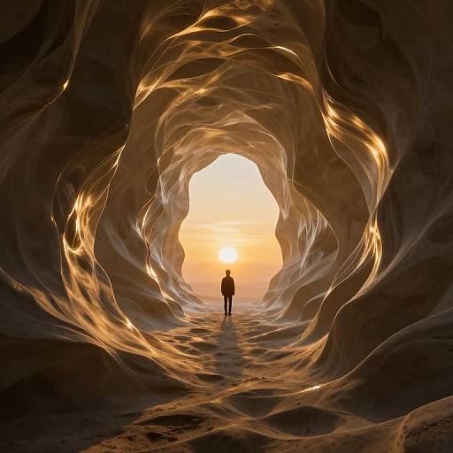 Photograph of a silhouetted figure standing in a glowing, wavy sandstone cave with golden light illuminating the tunnel.
