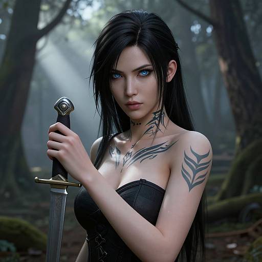 Digital artwork of a fierce, blue-eyed, black-haired woman with tribal tattoos, holding a sword in a misty forest. Wearing a black strap