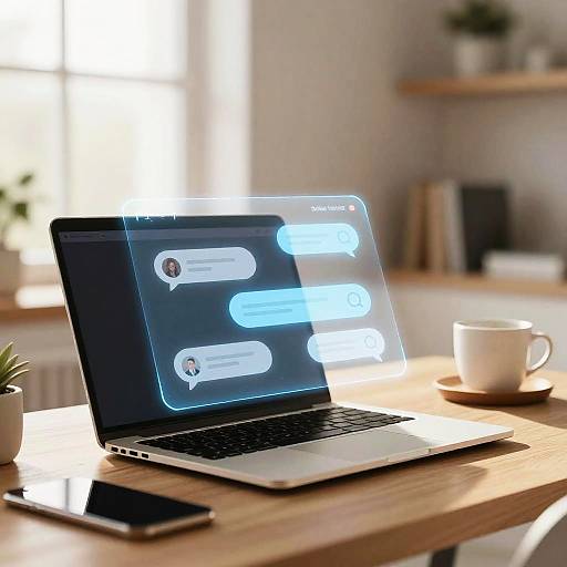 Photograph of a modern wooden table with an open silver laptop displaying blue chat messages, a white coffee cup, smartphone, and potted plant in a