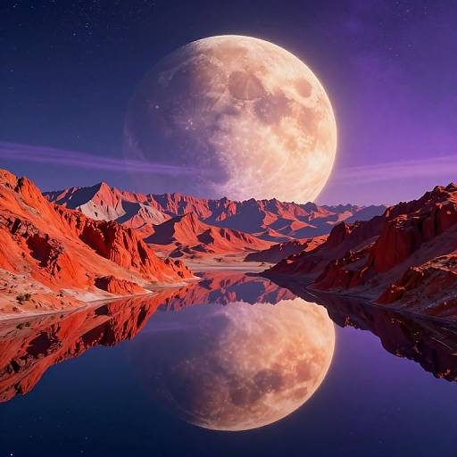 Photorealistic digital art: A luminous full moon over a crimson rocky landscape, perfectly reflecting in a still, dark blue lake.