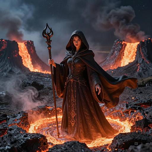 Enigmatic Cloaked Sorceress in Obsidian Crater