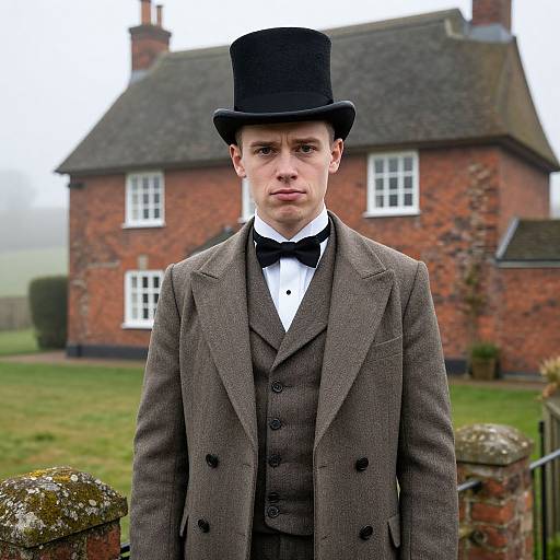 Photograph of a Caucasian man in a brown three-piece suit, black bow tie, and top hat, standing in front of a red brick cottage with