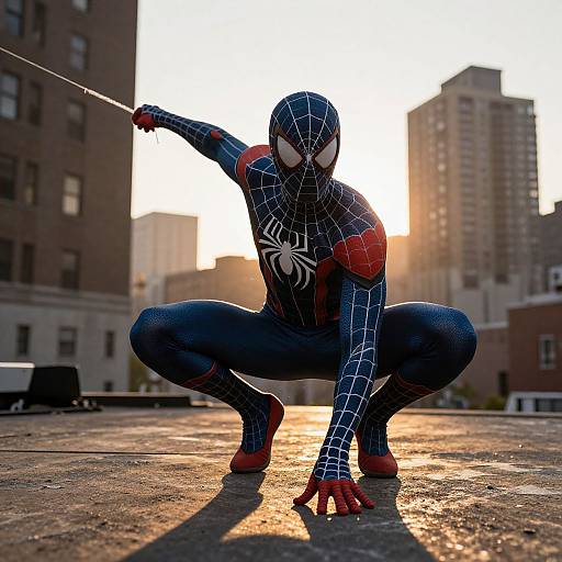 Photograph of Spider-Man in his black, blue, and red spider-patterned suit, crouching on a rooftop at sunset with city buildings in