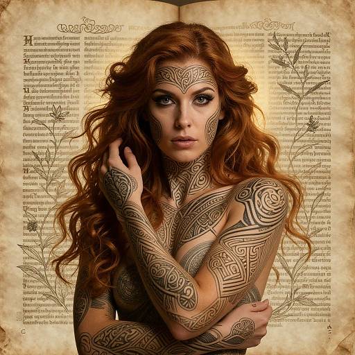 Photograph of a topless, red-haired woman with intricate tribal tattoos covering her face, arms, and chest, against an aged, botanical-printed