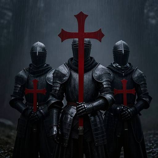 Knight Templars in Black Armor with Red Crosses in Rain