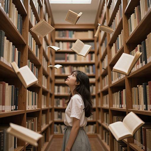Photograph of an Asian woman with black hair, white blouse, and gray skirt, standing in a library aisle with flying books.