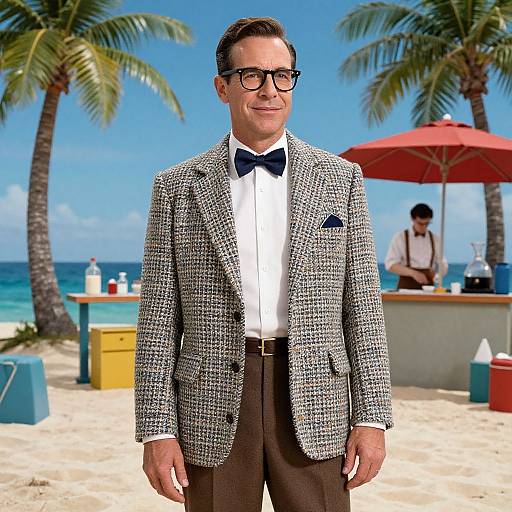 Photograph of a stylish man in a black-and-white houndstooth blazer, black bow tie, and black glasses, standing on a sunny