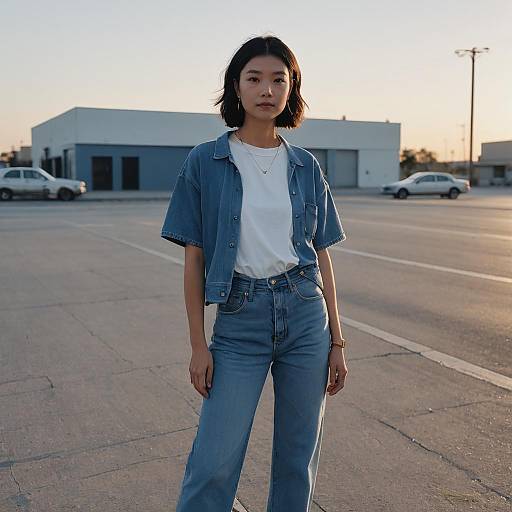 Woman in Y2K Denim Outfit on Urban Street