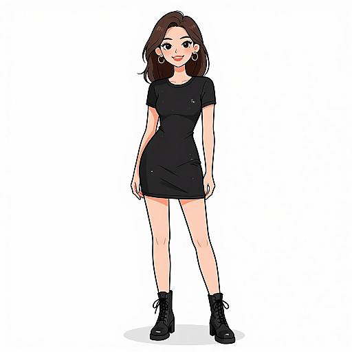 Digital anime-style drawing of a smiling young woman with straight brown hair, wearing a black short dress, black boots, and hoop earrings, standing against a
