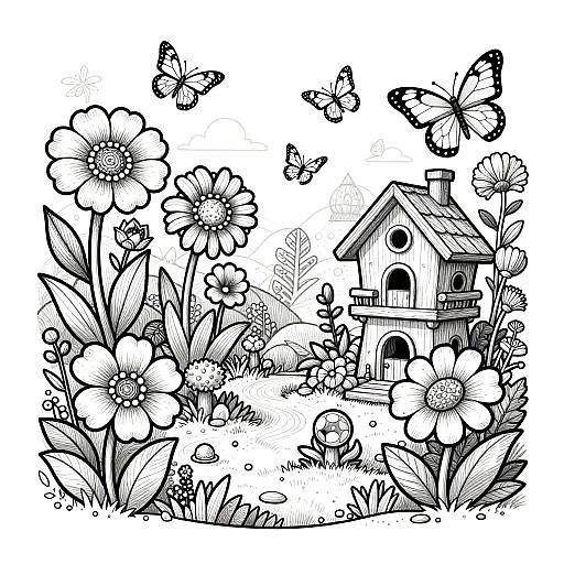 Black and white ink drawing of a whimsical garden with a birdhouse, surrounded by large flowers, butterflies, and detailed foliage.