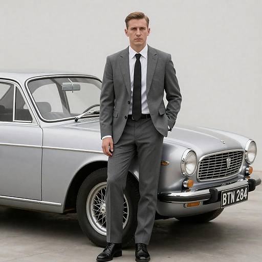 Sophisticated Man with Classic Silver Car