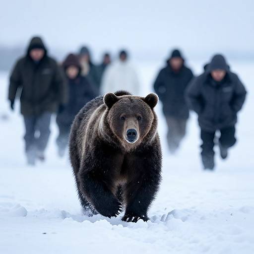 Photograph of a large, dark brown bear walking towards the camera in a snowy landscape, with several blurred, dressed-in-black people in the background.