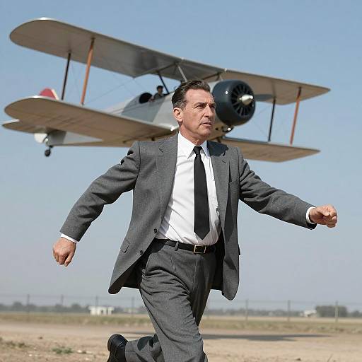 Man running with biplane in background