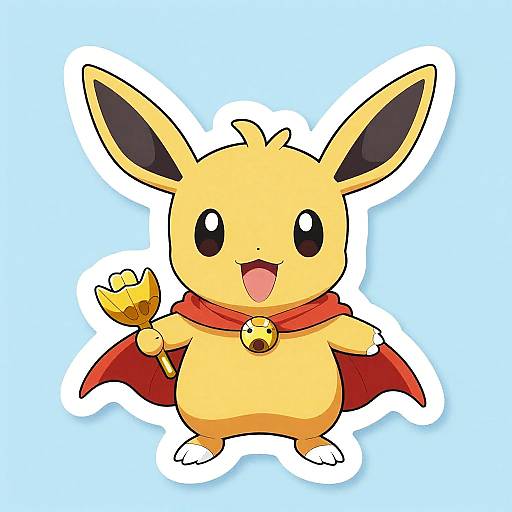 Cute digital illustration of a yellow, round, cartoonish Pokémon with large black-tipped ears, red cape, and bell collar, holding a golden