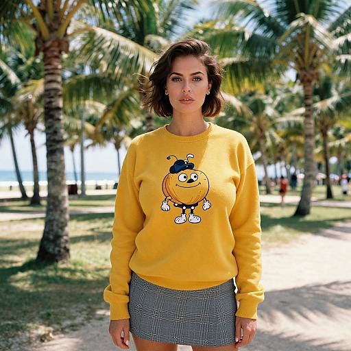 Photograph of a woman with short brown hair, wearing a yellow sweatshirt with a cartoon character and a checkered skirt, standing in a sunny,