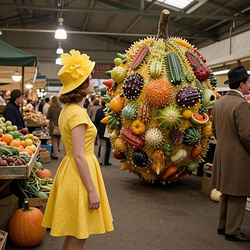 Photograph of a vintage market: woman in yellow dress and hat, facing colorful, fruit-shaped ornament; other shoppers in background.