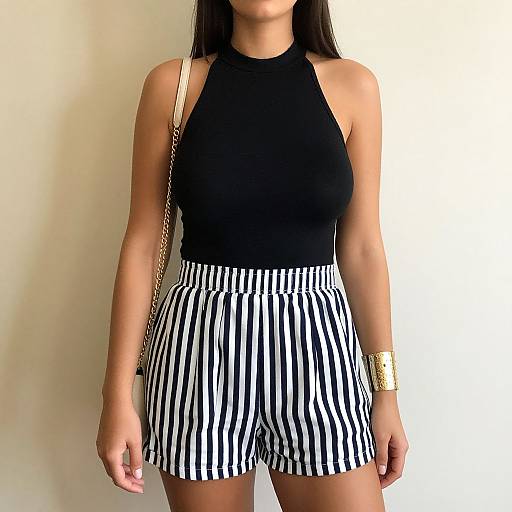 Photograph of a woman with long black hair wearing a black halter top and black-and-white striped high-waisted shorts, gold bracelet, and