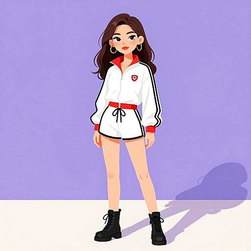 Digital cartoon of a brown-haired woman in a white tracksuit with red accents, black boots, and hoop earrings, standing against a purple background.