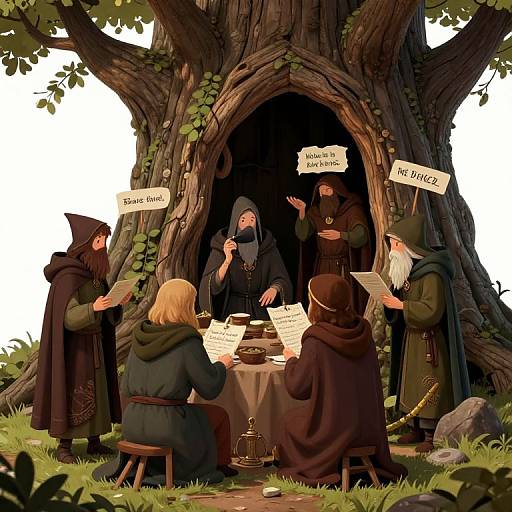 Digital illustration of six medieval monks in dark robes, seated around a table in a hollow tree, discussing with signs saying 