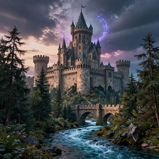 Fantastical medieval castle with glowing purple aura, surrounded by dense forest, and a rushing blue river beneath a dramatic sunset sky.