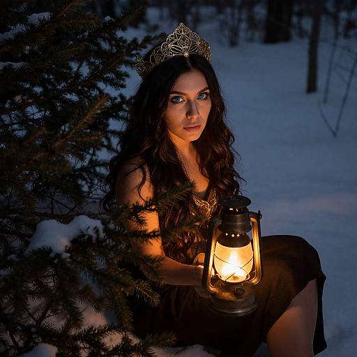 Photograph of a woman with long brown hair, wearing a silver tiara and black dress, holding a glowing lantern in a snowy forest at night.
