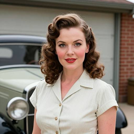 Vintage-style photograph of a fair-skinned woman with curly brown hair, red lipstick, and a white button-up blouse, standing in front of a classic