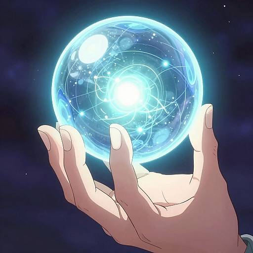 Digital anime-style drawing of a glowing blue, crystal-like sphere hovering above a pale-skinned hand with fingers gently curved. Dark space background with subtle stars