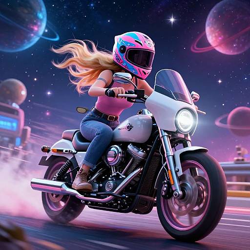 Digitally illustrated woman with long blonde hair, wearing pink and blue helmet, white tank top, blue jeans, riding white motorcycle, speeding through cosmic galaxy