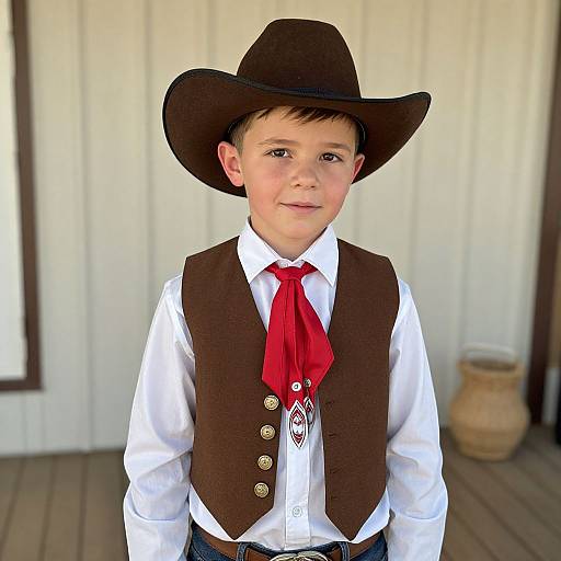 Photograph of a young boy in a brown cowboy hat, white shirt, red bowtie, brown vest, and blue jeans, standing on a porch